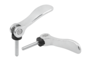 Cam levers, steel, adjustable with external thread, plastic thrust washer and steel stud